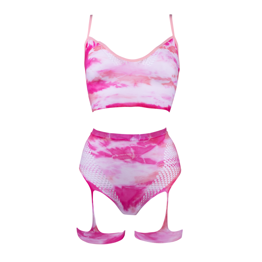 2-Piece Bra Set with Garters and Dazzling Eye Contact Bling Sticker - One Size - Multicolor