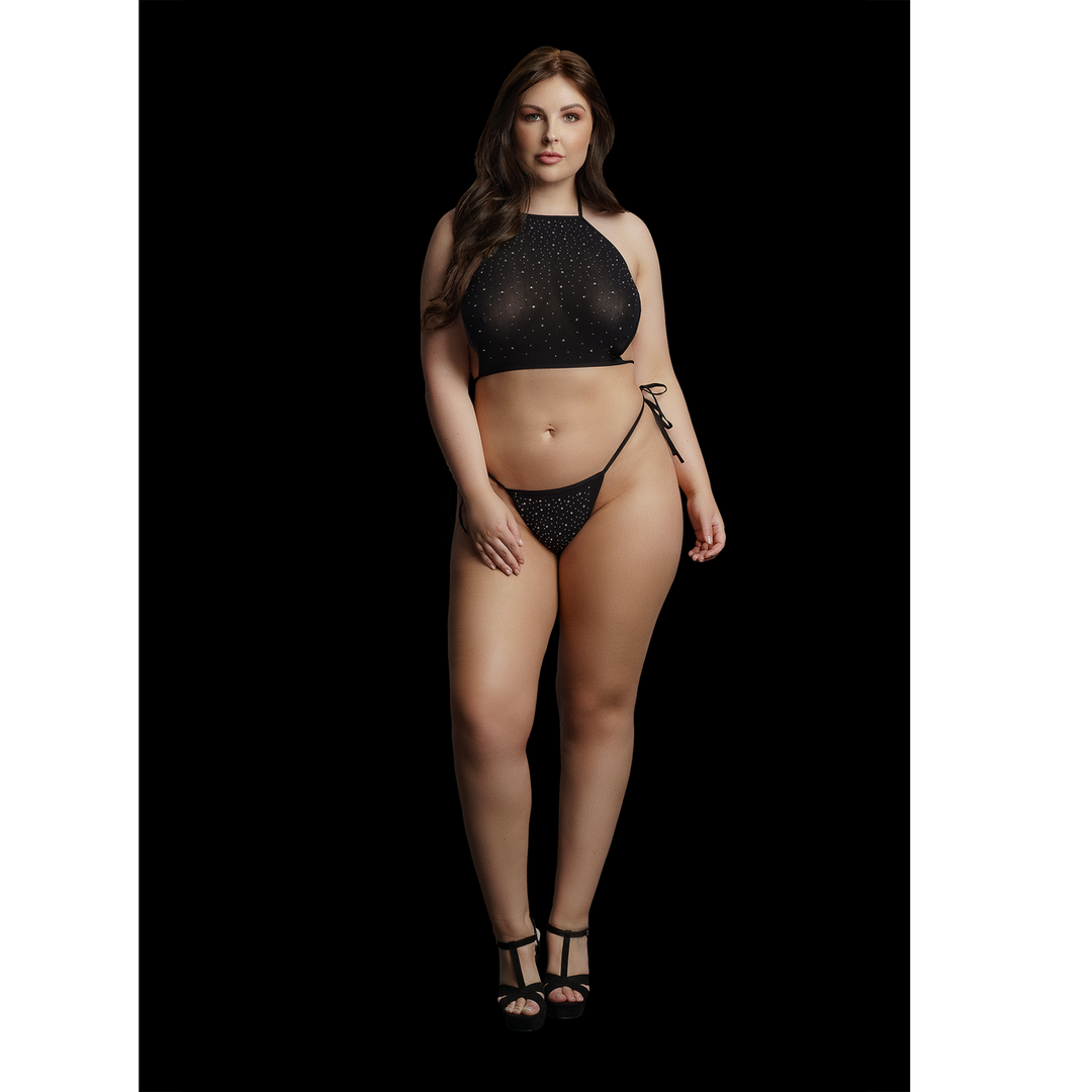 Festive Rhinestone Top and Thong - Queen Size - Black