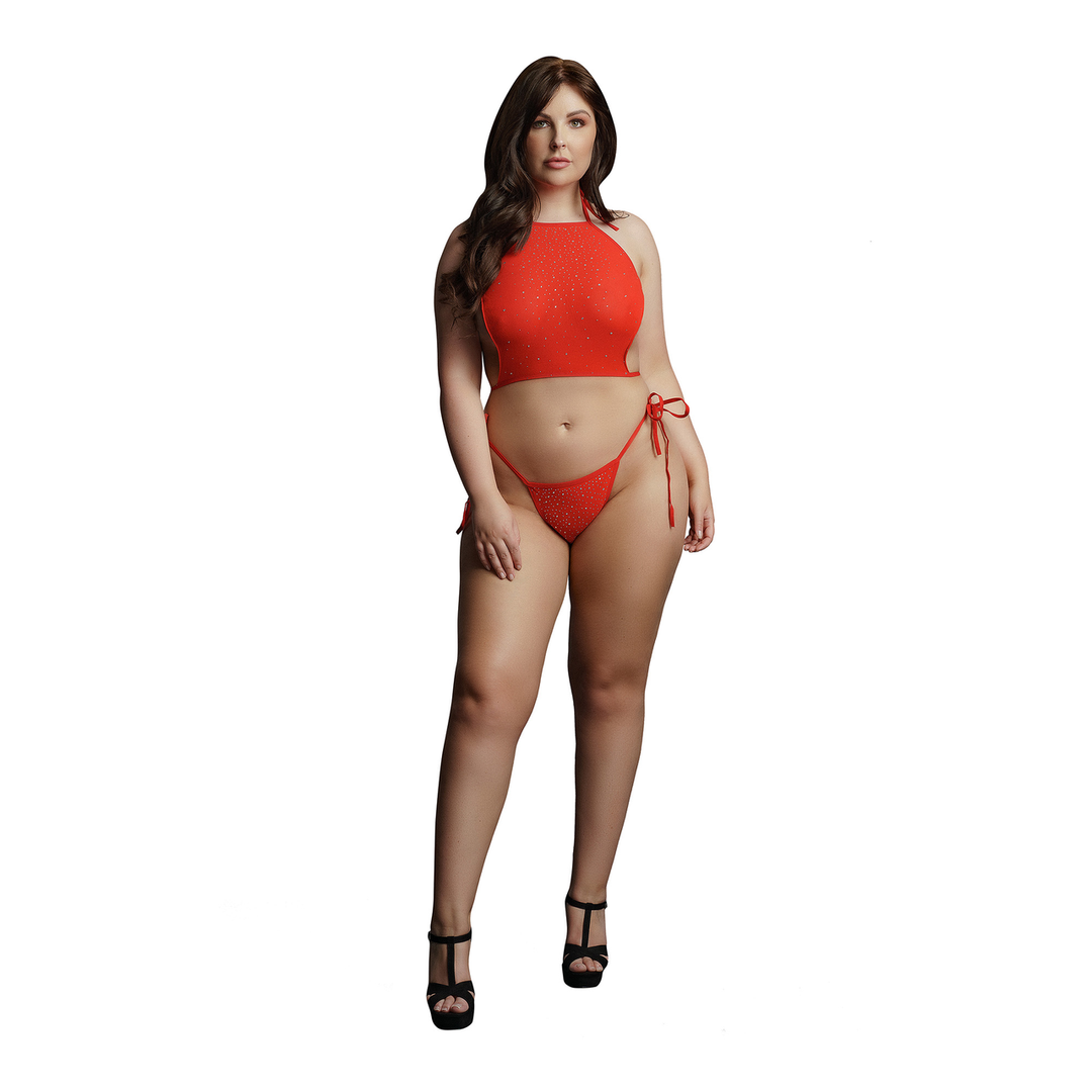 Festive Rhinestone Top and Thong - Queen Size - Red