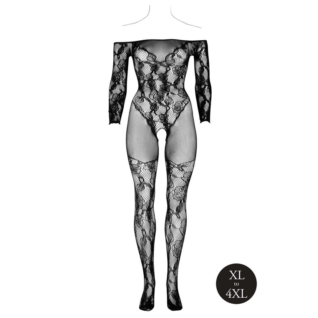 Bodystocking with Off-Shoulder Long Sleeves - Queen Size - Black