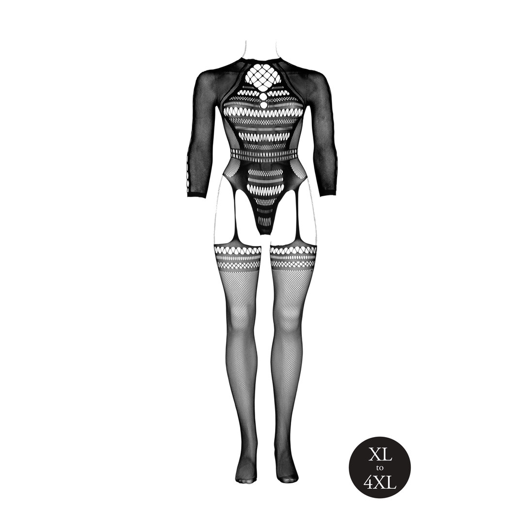 Bodystocking with Long Sleeves and Short Turtleneck - Queen Size - Black