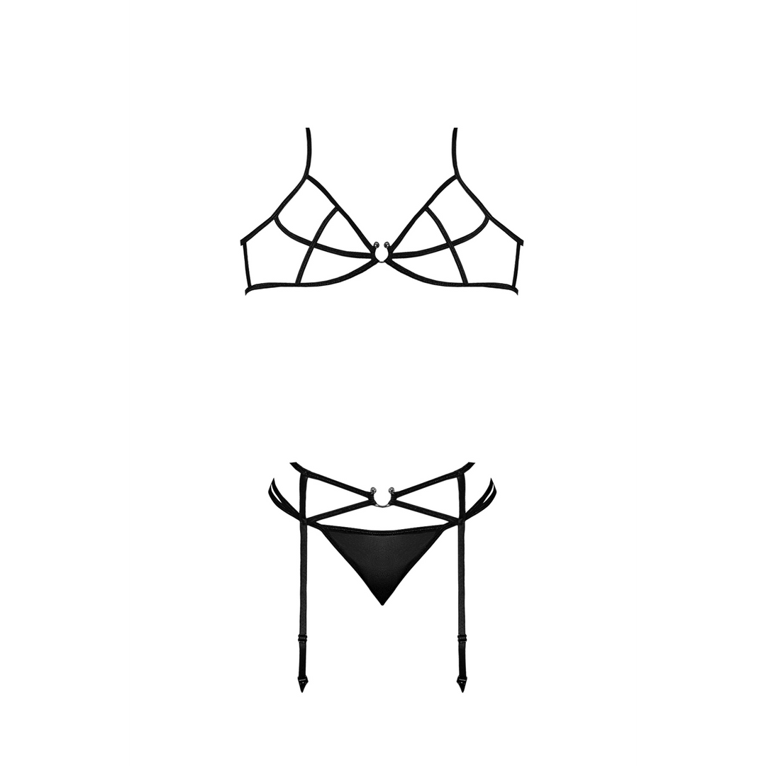 Ensemble soutien-gorge, porte-jarretelles et string avec anneaux et lanières - S/M - Noir