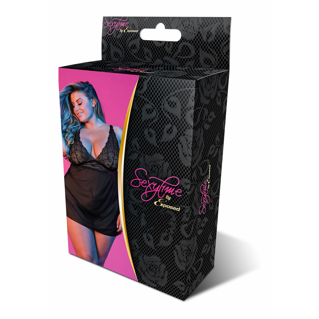 Babydoll dos ouvert et string - 2X - Noir