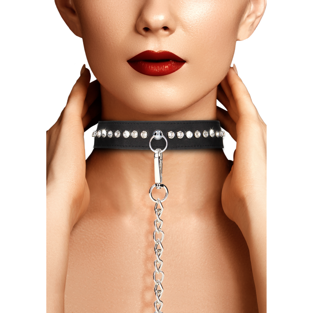 Atadura bondage Studded Collar with Leash – con joya, negra | Ouch!