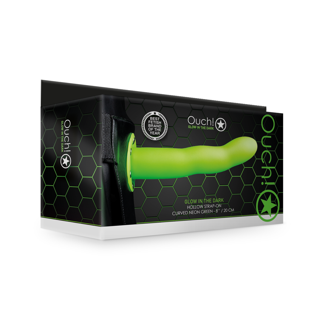 Glow in the Dark Curved Hollow Strap-On - 8" / 20 cm - Neon Green