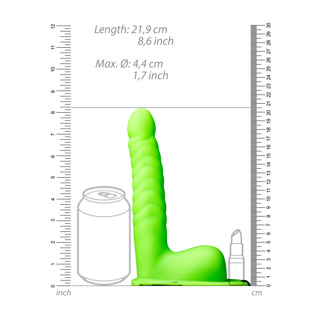 Harnais de pénétration texturé strié phosphorescent avec testicules - 8 po / 21 cm - Vert fluo