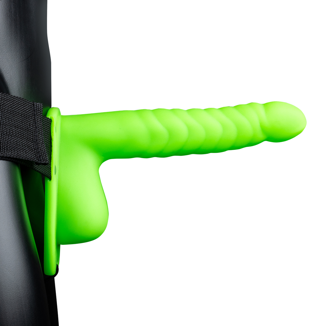 Harnais de pénétration texturé strié phosphorescent avec testicules - 8 po / 21 cm - Vert fluo