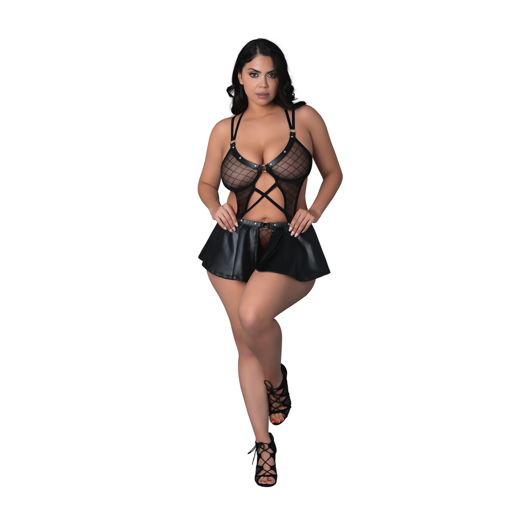 Anastasia - Ensemble cami, jupe ouverte à l'entrejambe et soutien-gorge avec anneaux et clous - 2X - Noir