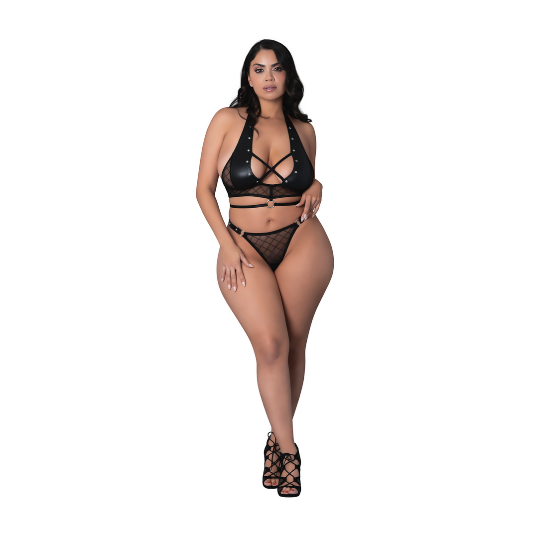 Nadia - Haut dos nu en maille diamant et string anneau avec fermoirs anneaux et clous - 2X - Noir