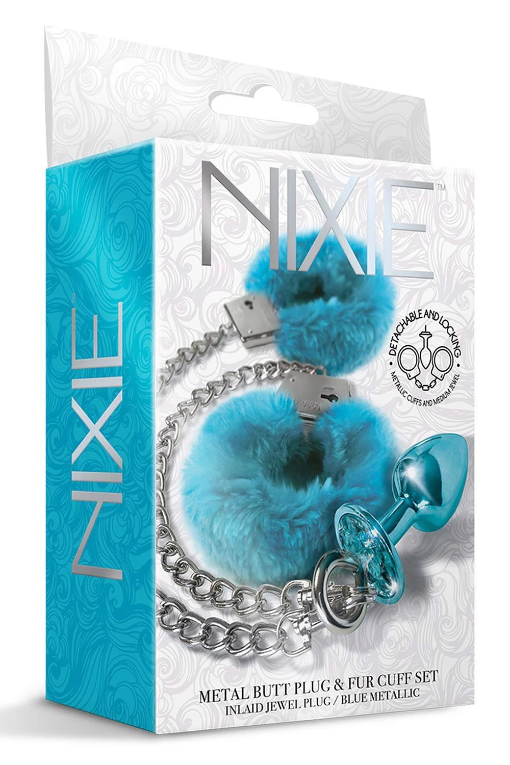 NIXIE METAL BUTT PLUG & FURRY HANDCUFF SET, MEDIUM, BLUE METALLIC