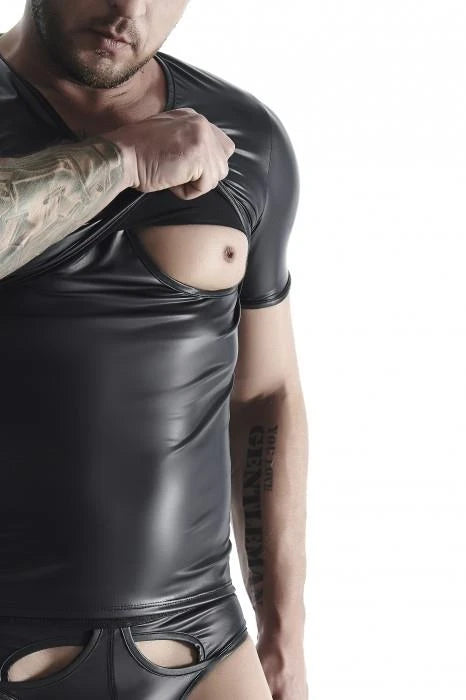 Camiseta de hombre – wetlook, con aberturas 65-TSH014-BLACK-S | Regnes Fetish Planet