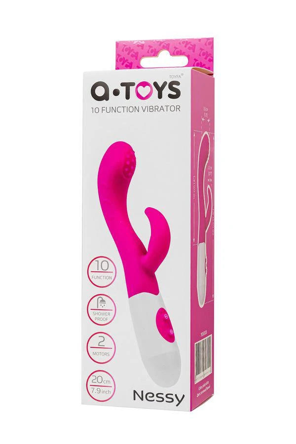 A-TOYS, Vibrateur Nessy avec Stimulateur Clitoridien, Silicone, Rose, 20 cm, 10 vitesses, 2xAAA