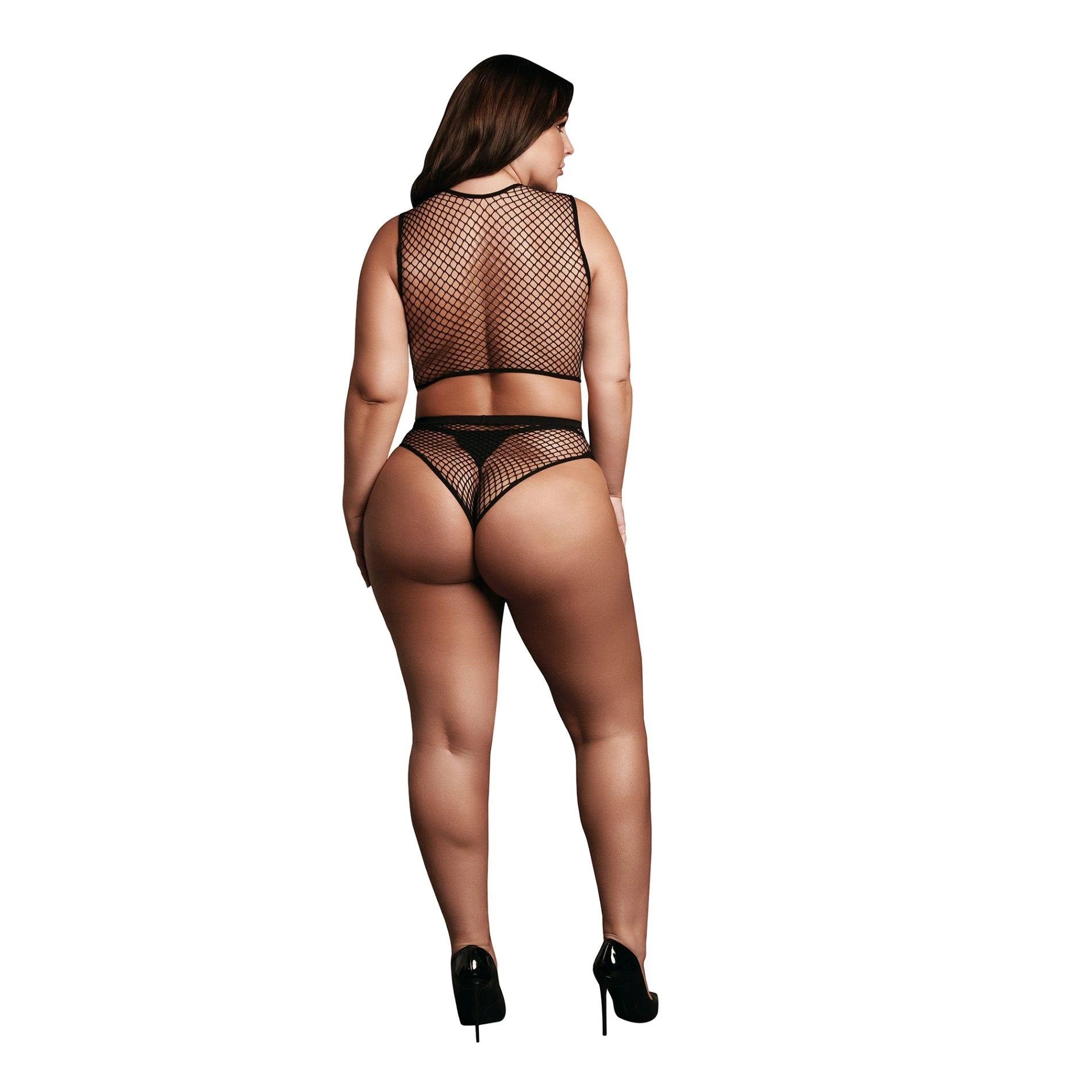 2 Pc Crop Top - Pantie and Fishnet Structure - Queen Size - Black