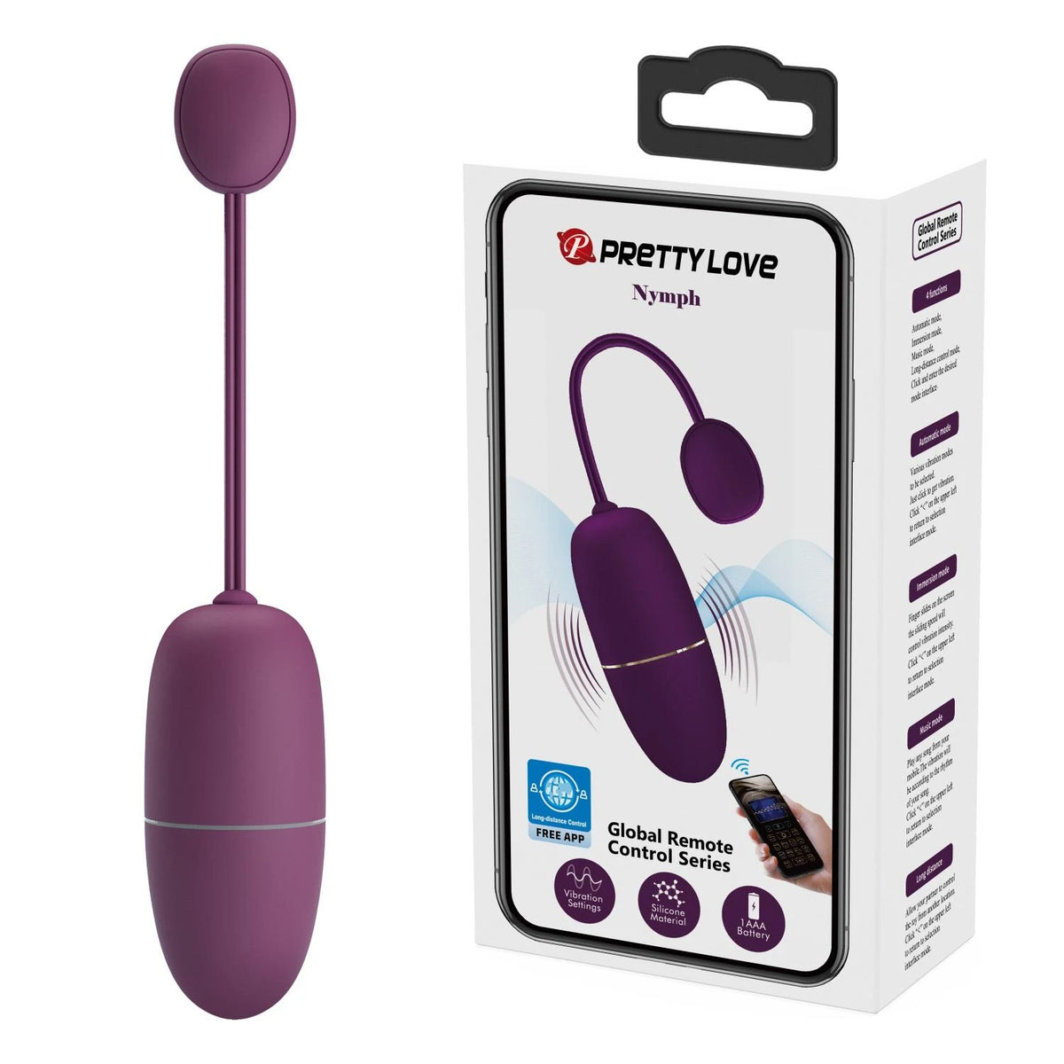Vibrating egg Nymph Mobile distance AAA 12 functions – app-controlled, rechargeable, plum | Pretty Love