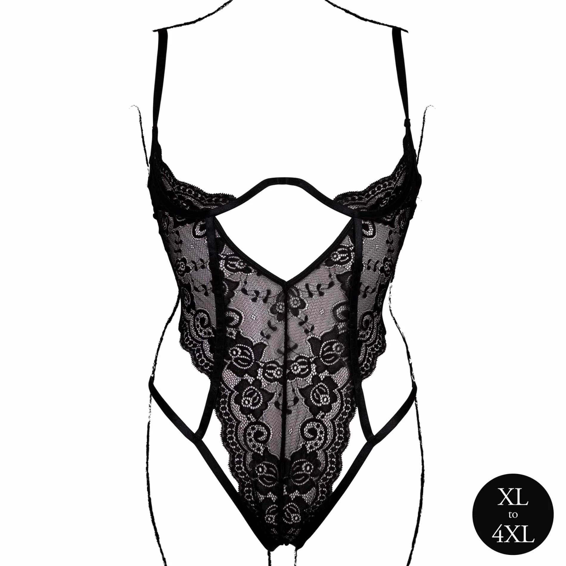 Lace Underwired Open Cup Bodysuit with Adjustable Sliders - Queen Size - Black