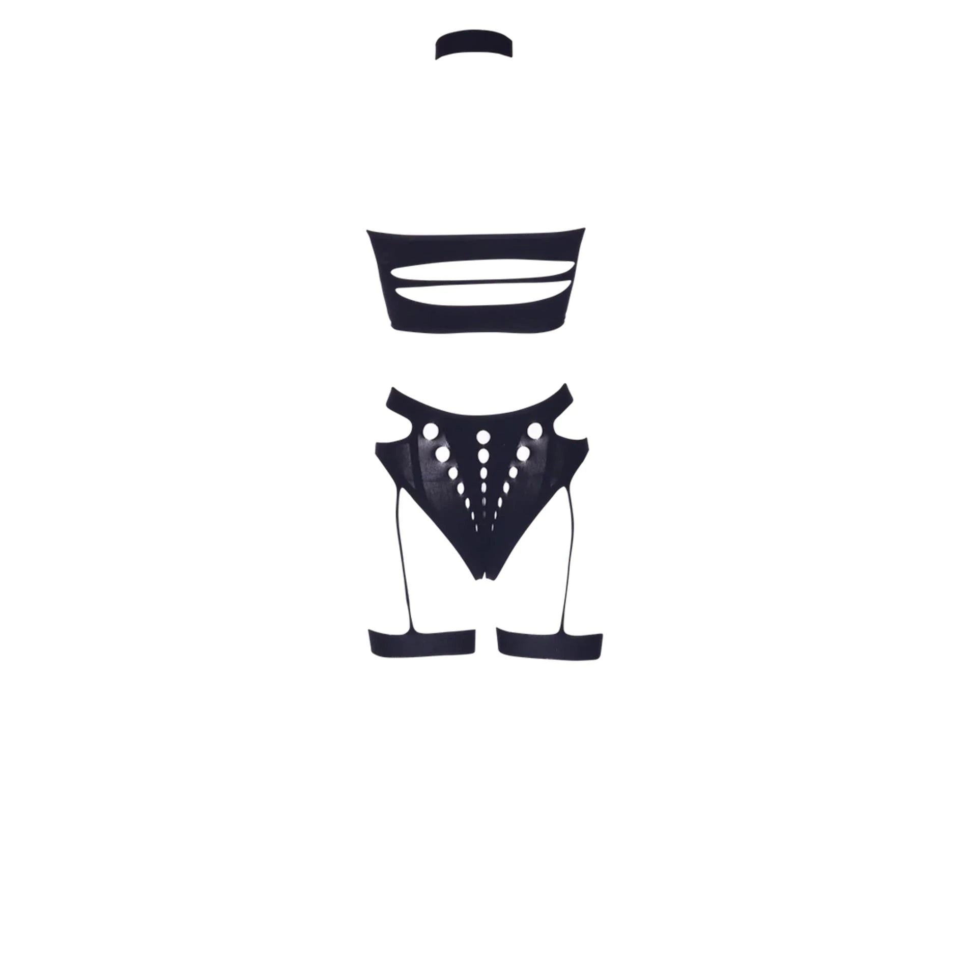 Ananke XII - Three Piece with Choker Bandeau Top and Pantie with Garters - One Size - Black