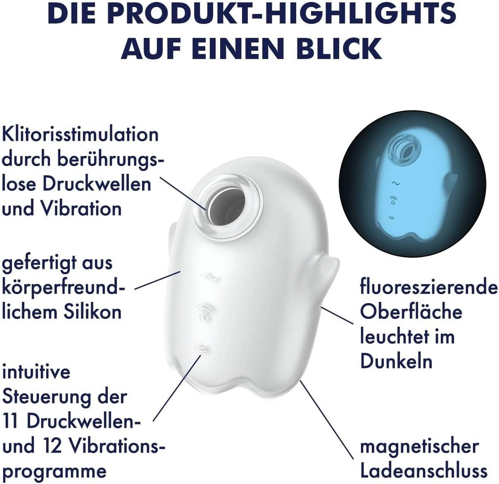 Glowing Ghost - Glow in the Dark - Double Air Pulse Vibrator - White