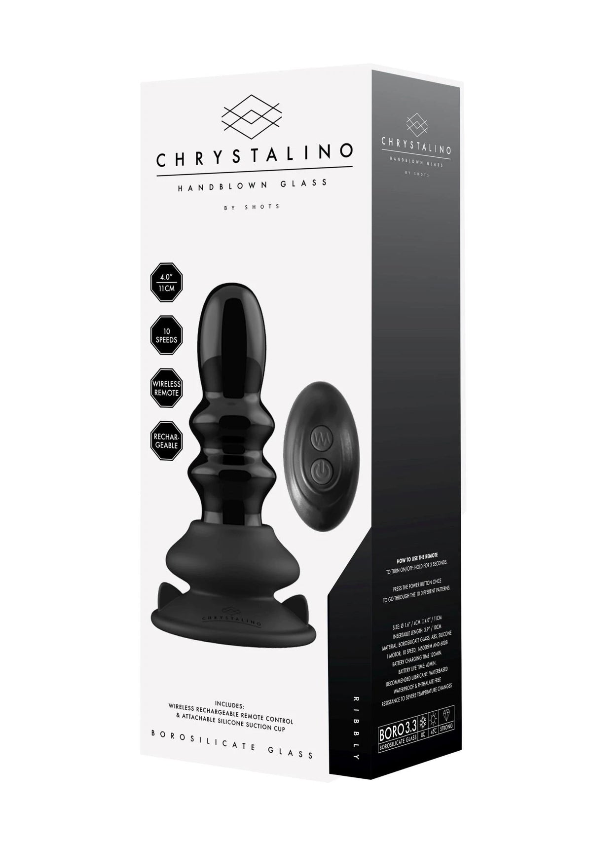 Butt plug Ribbly Ribble 10 functions – glass, remote control, black | Chrystalino