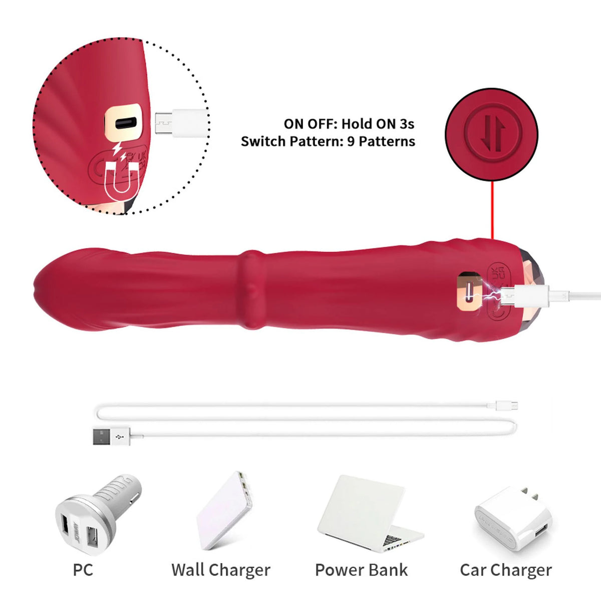 Realisztikus vibrátor Jackal 9 funkció – újratölthető, piros | Favorites