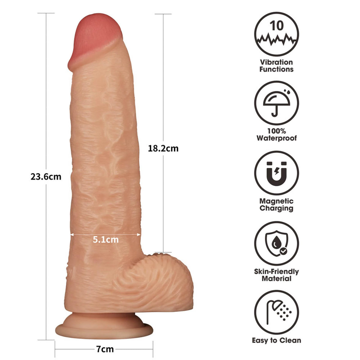 Realistic vibrator Basics 10 functions – with suction cup, nude 23.6 cm | Lovetoy