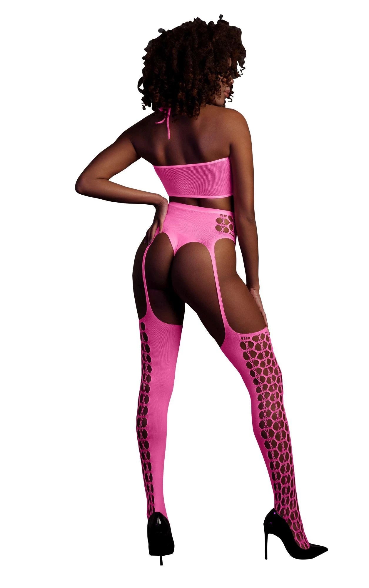 Two Piece with Crop Top and Stockings - One Size - Neon Pink
