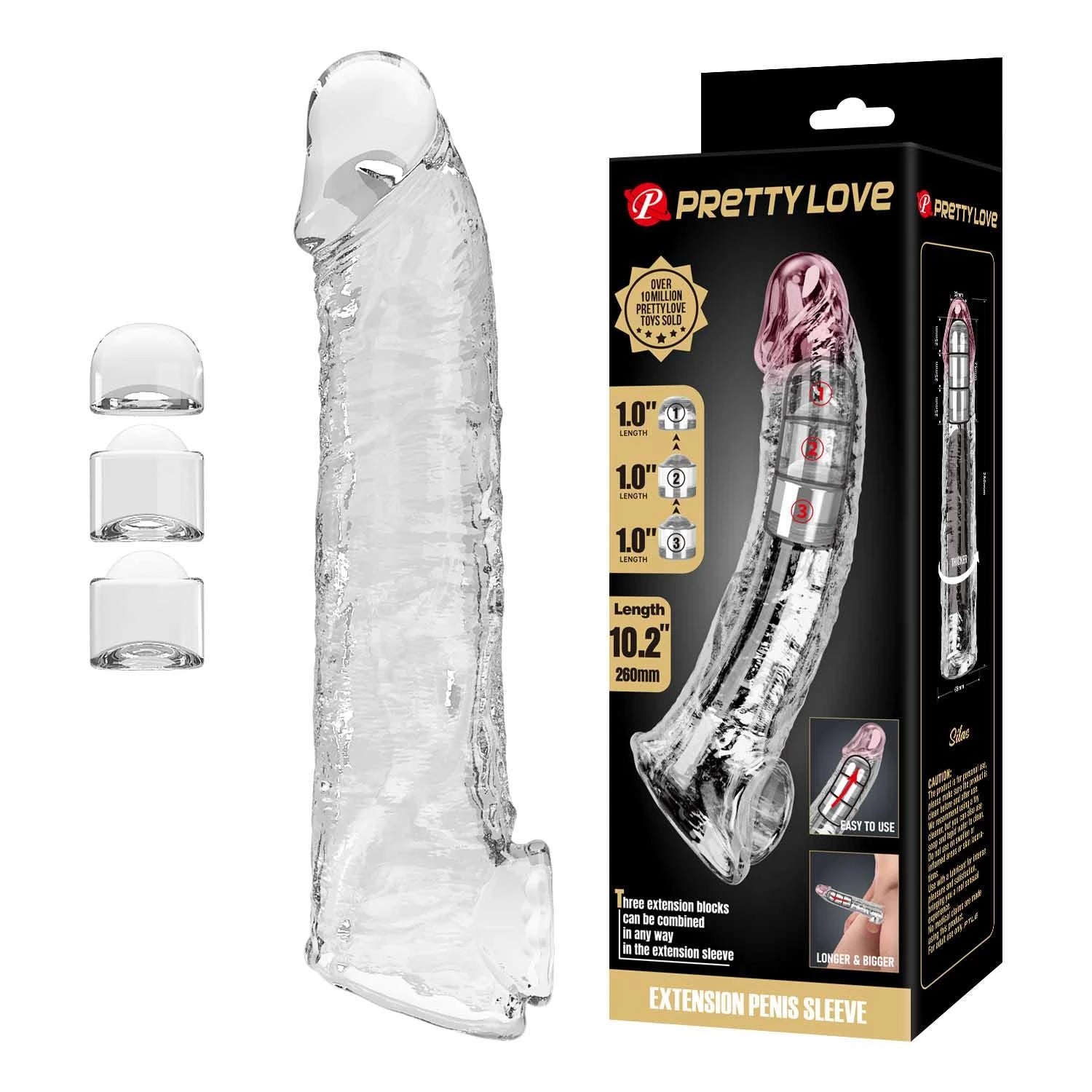 Pretty Love Manchon d'extension de pénis avec blocs de longueur modulables – Transparent – 26 cm