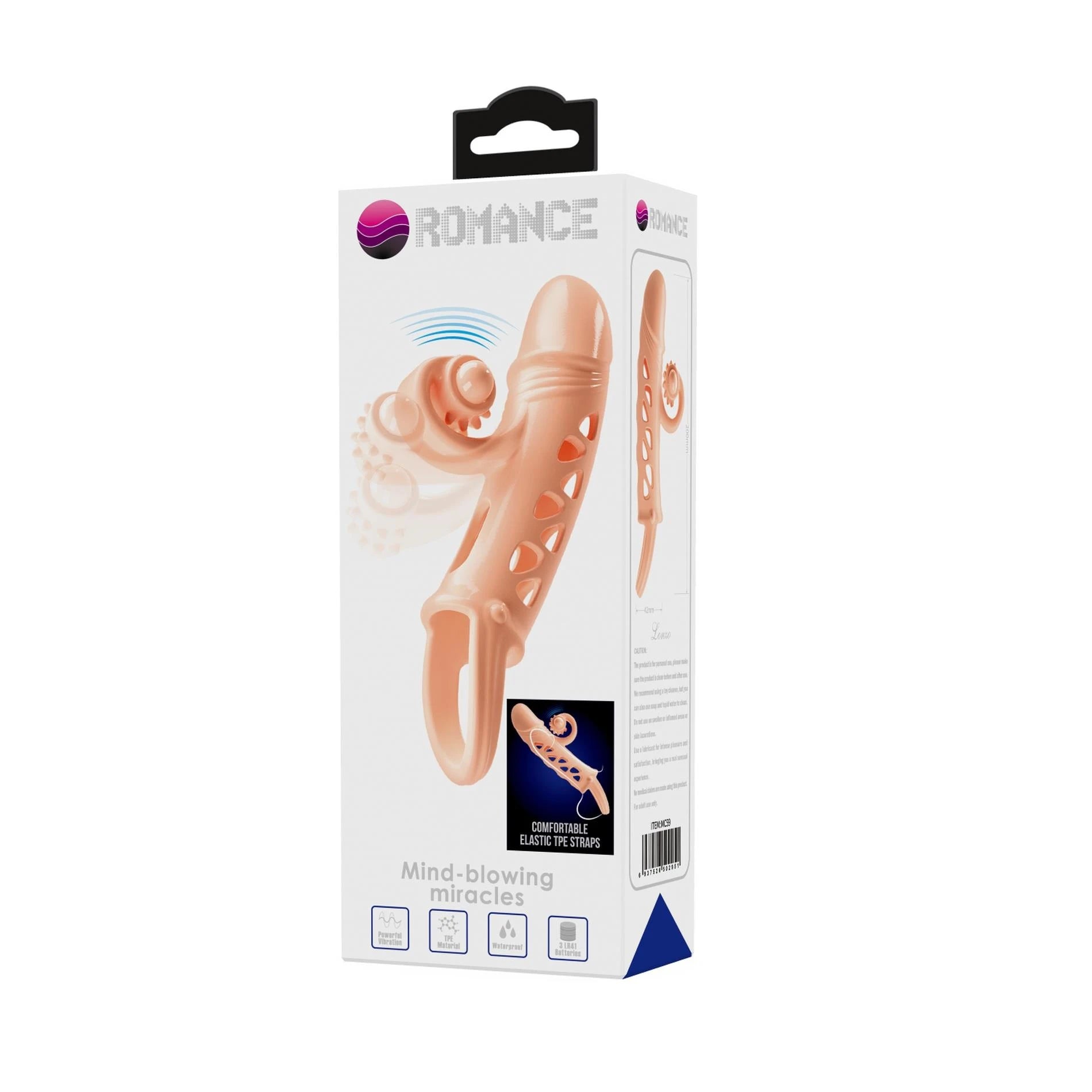 ROMANCE - Penis sleeve, TPE material, vibration, LR41*3 battery, Flesh