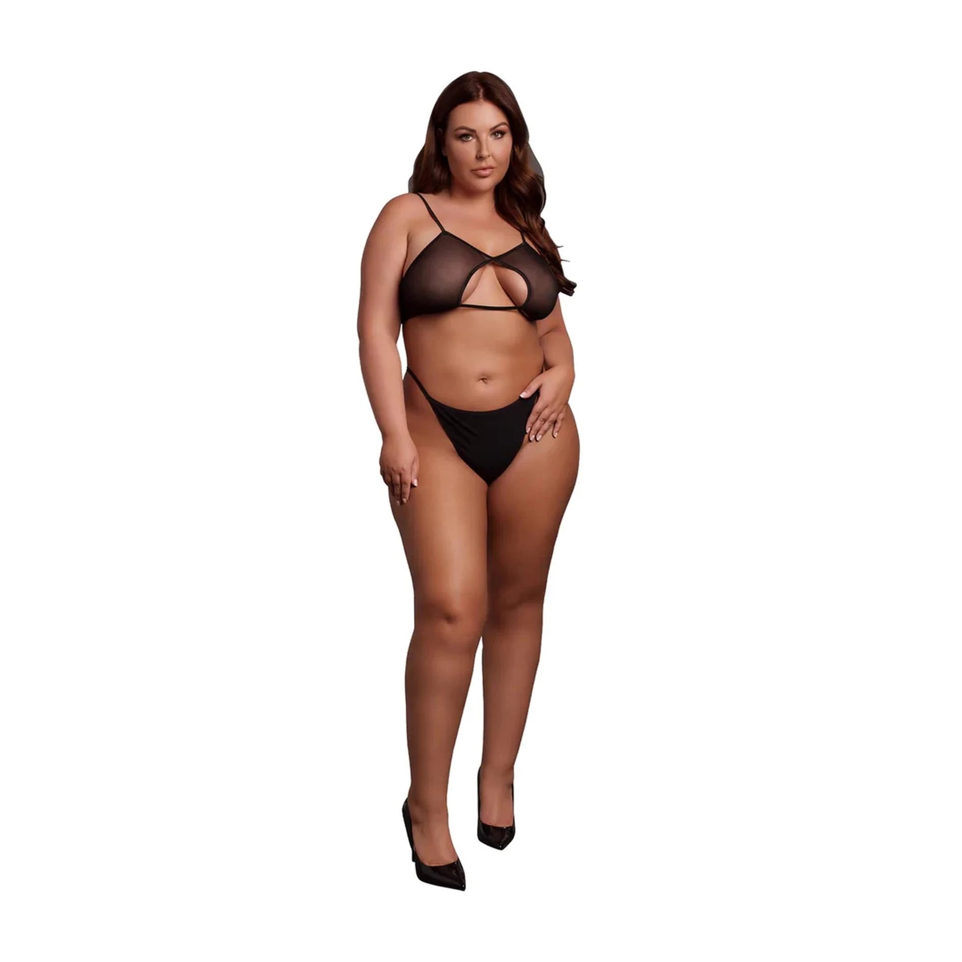 Soutien-gorge en résille découpé à bretelles doubles au dos et réglettes ajustables - Grande taille - Noir