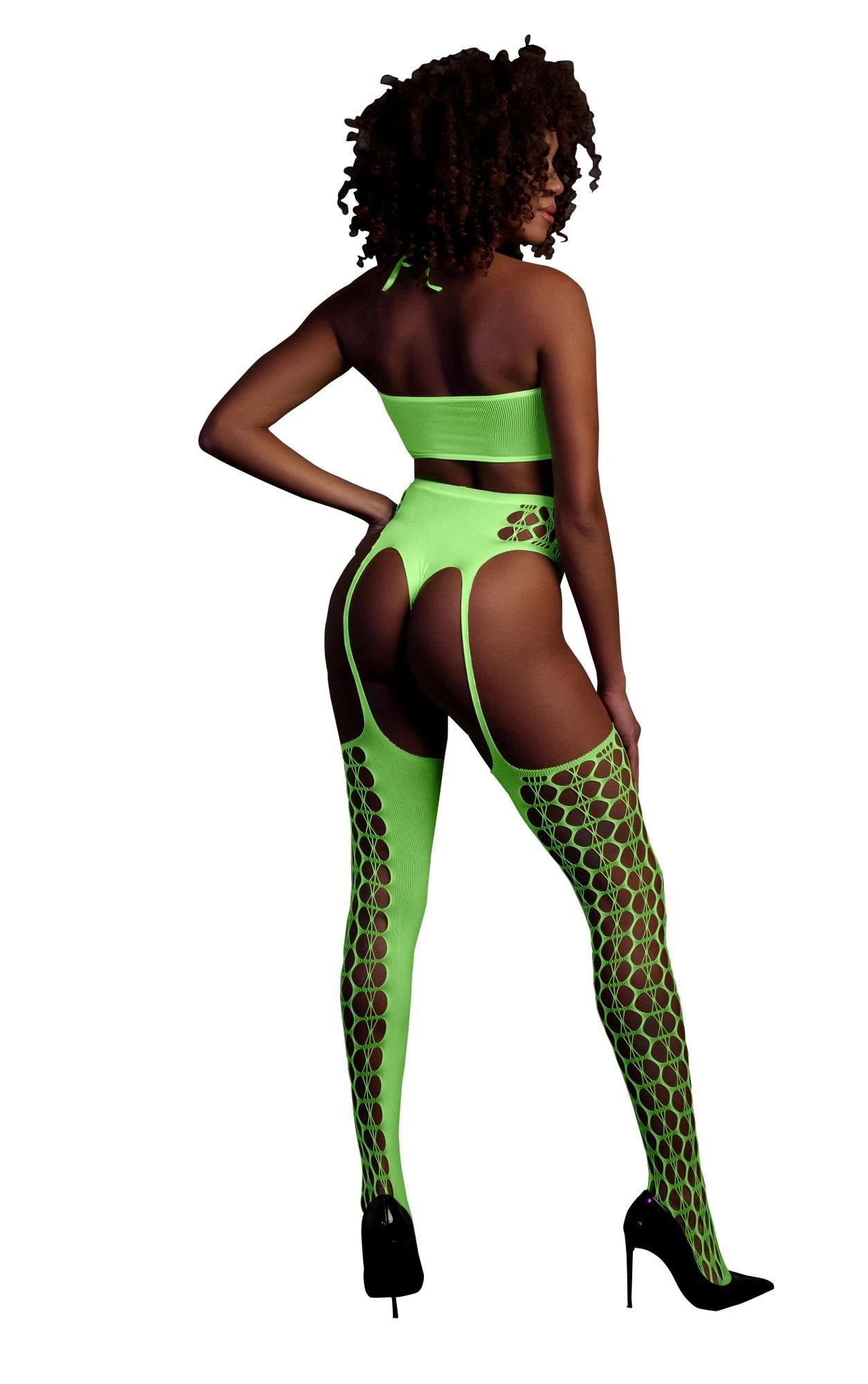 Two Piece with Crop Top and Stockings - One Size - Neon Green