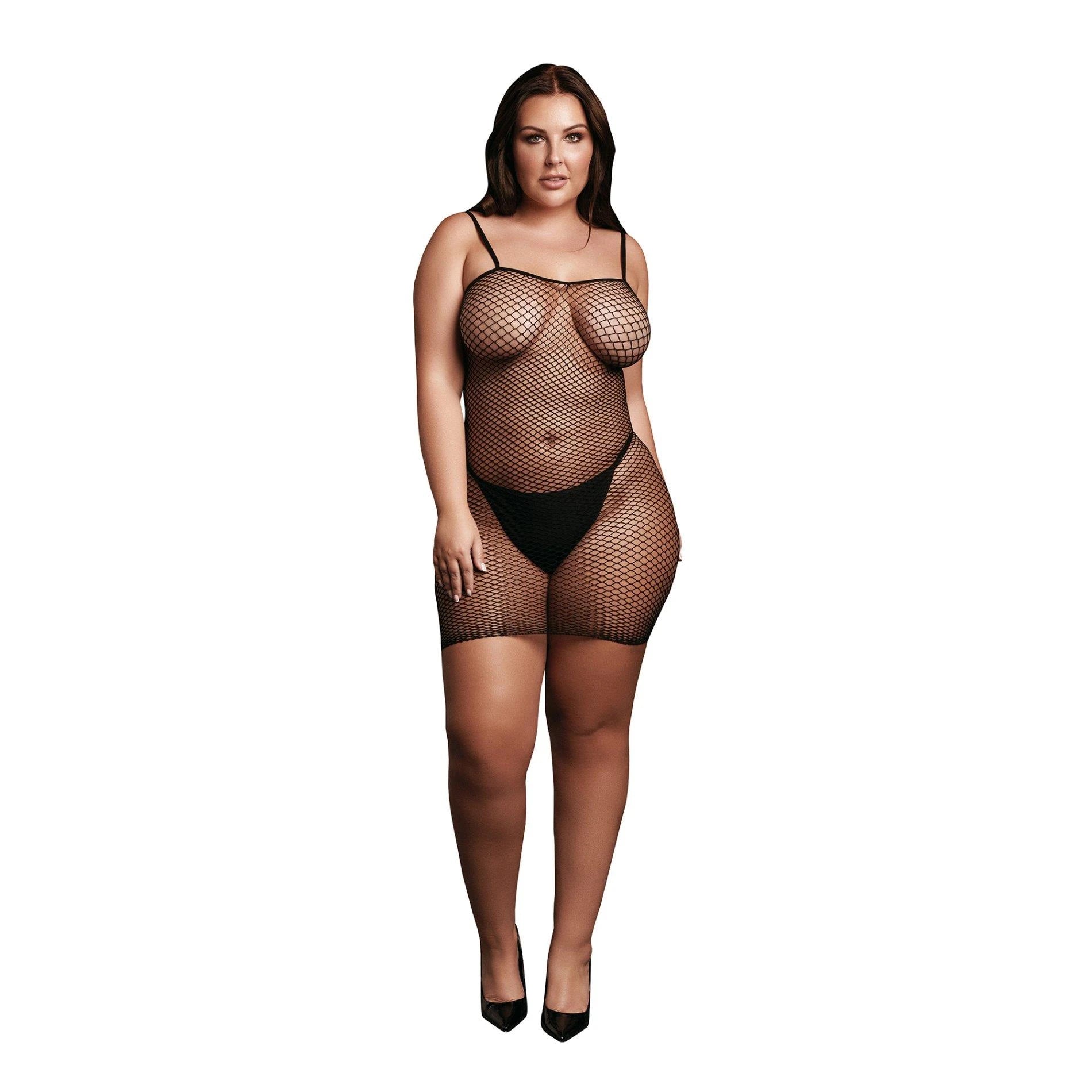 Mini dress with fishnet structure and spaghetti straps