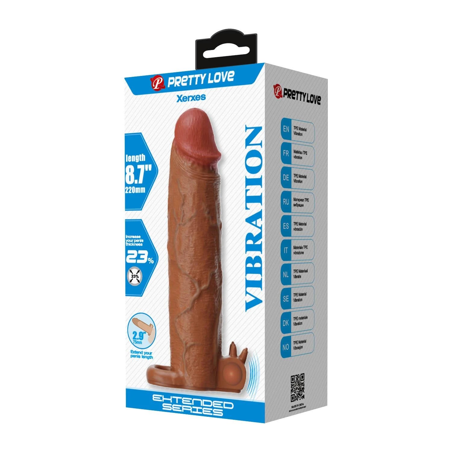 Pretty Love Xerxes – 22 cm Vibrating Penis Sleeve, Dark Brown