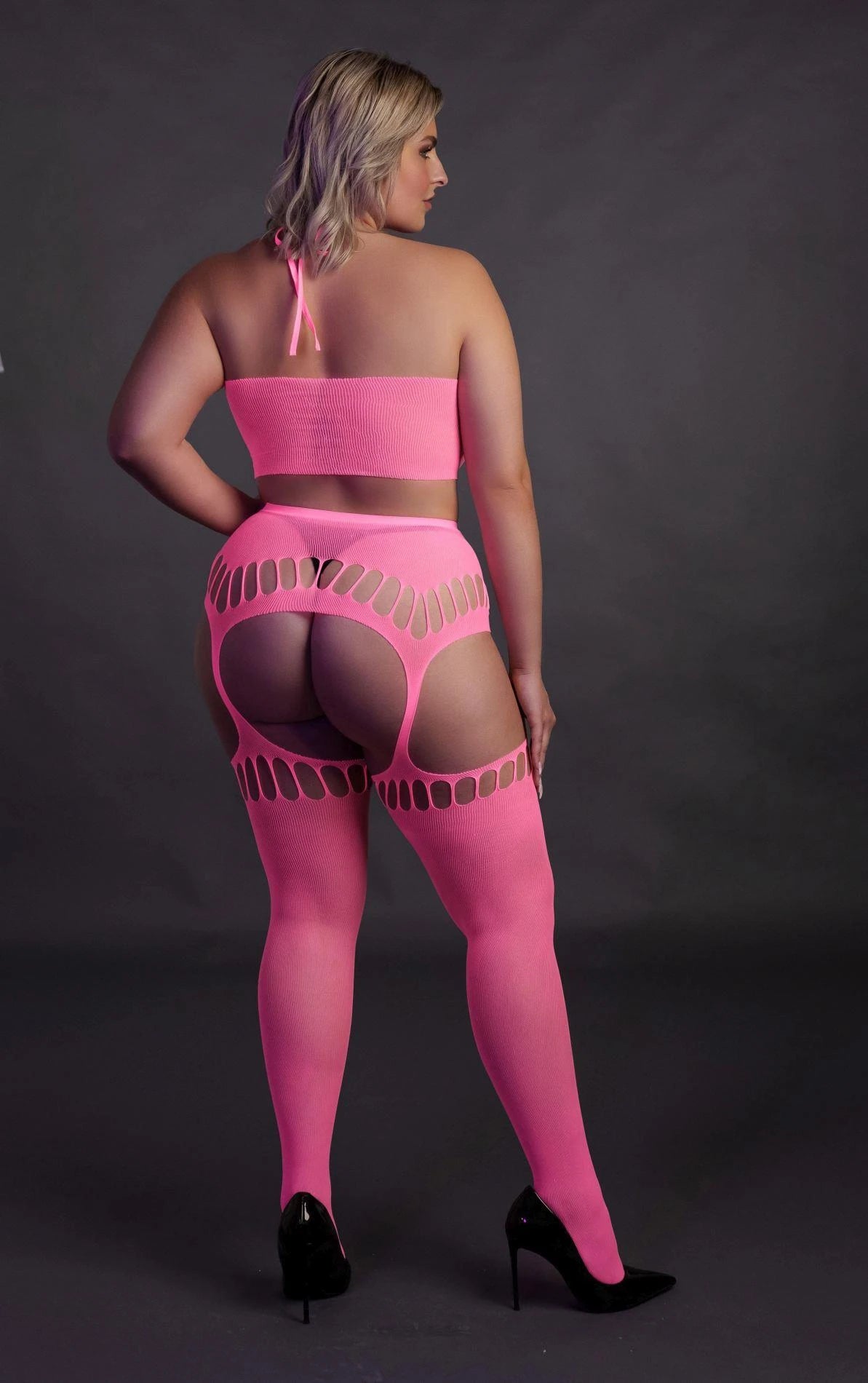 Two Piece with Crop Top and Stockings - Plus Size - Neon Pink