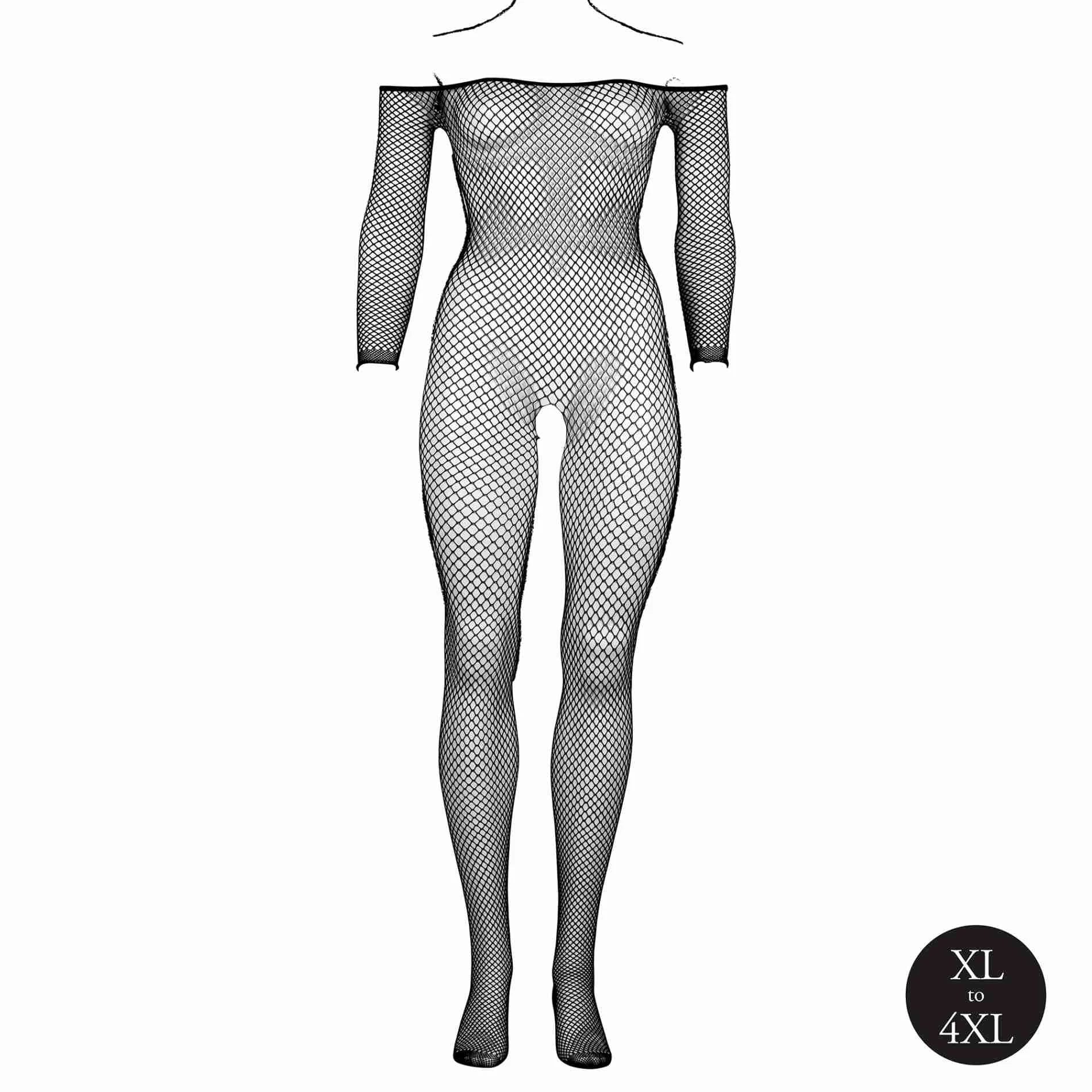 Bodystocking with off-shoulder neckline, fishnet structure, and open crotch.
