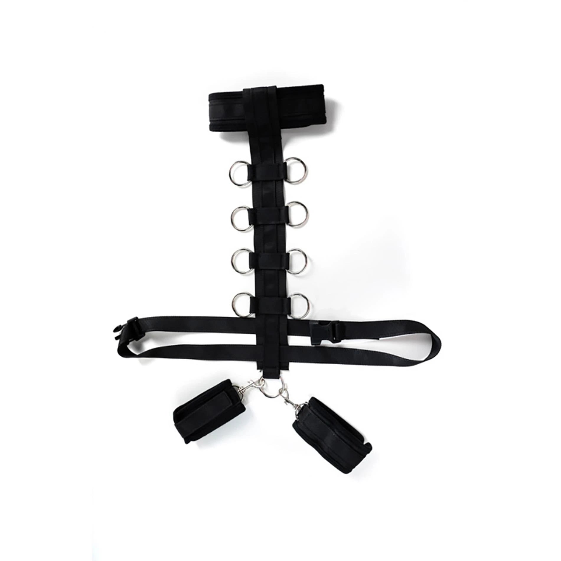 Harness with adjustable neck, belt and breastplate with rings