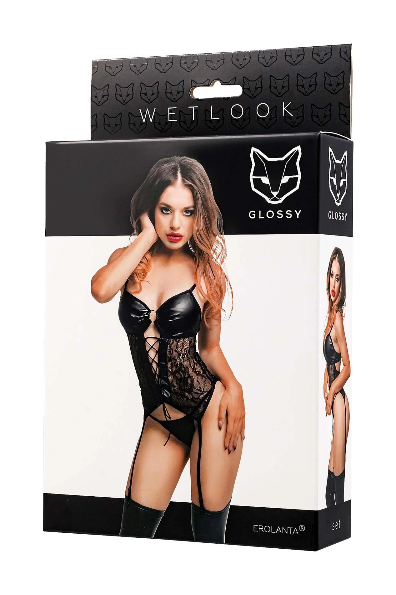 Glossy Miriam, set (top+panties), wetlook, black, XL