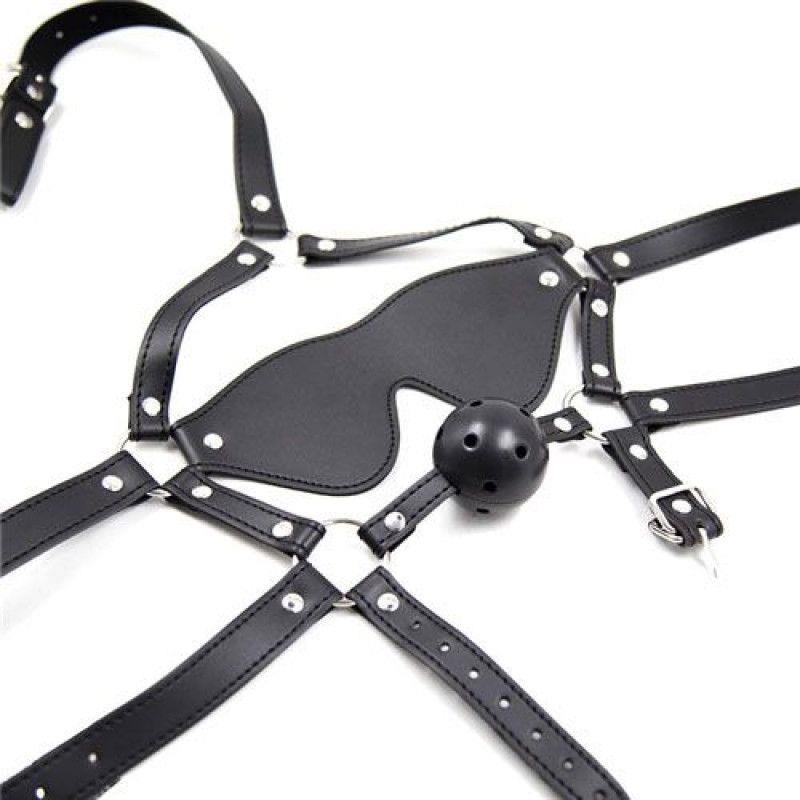 Harnais de tête avec masque pour les yeux et bâillon Restraint Total Head noir