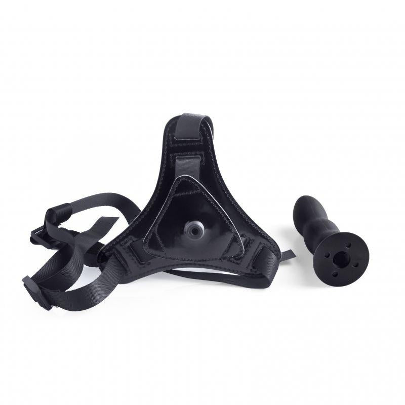 Adjustable strap-on black harness