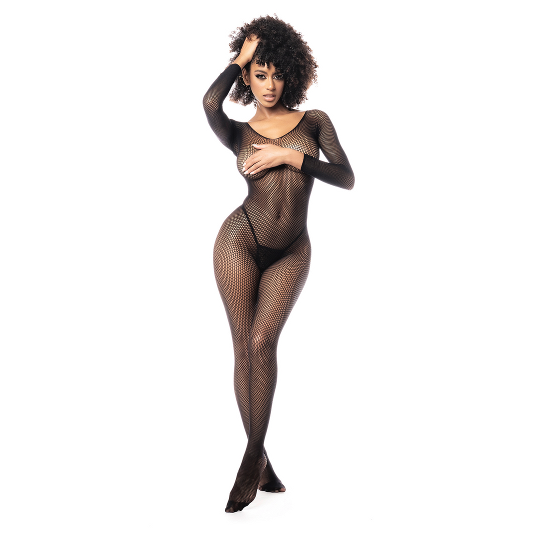Long Sleeved Fishnet Bodystocking - One Size - Black