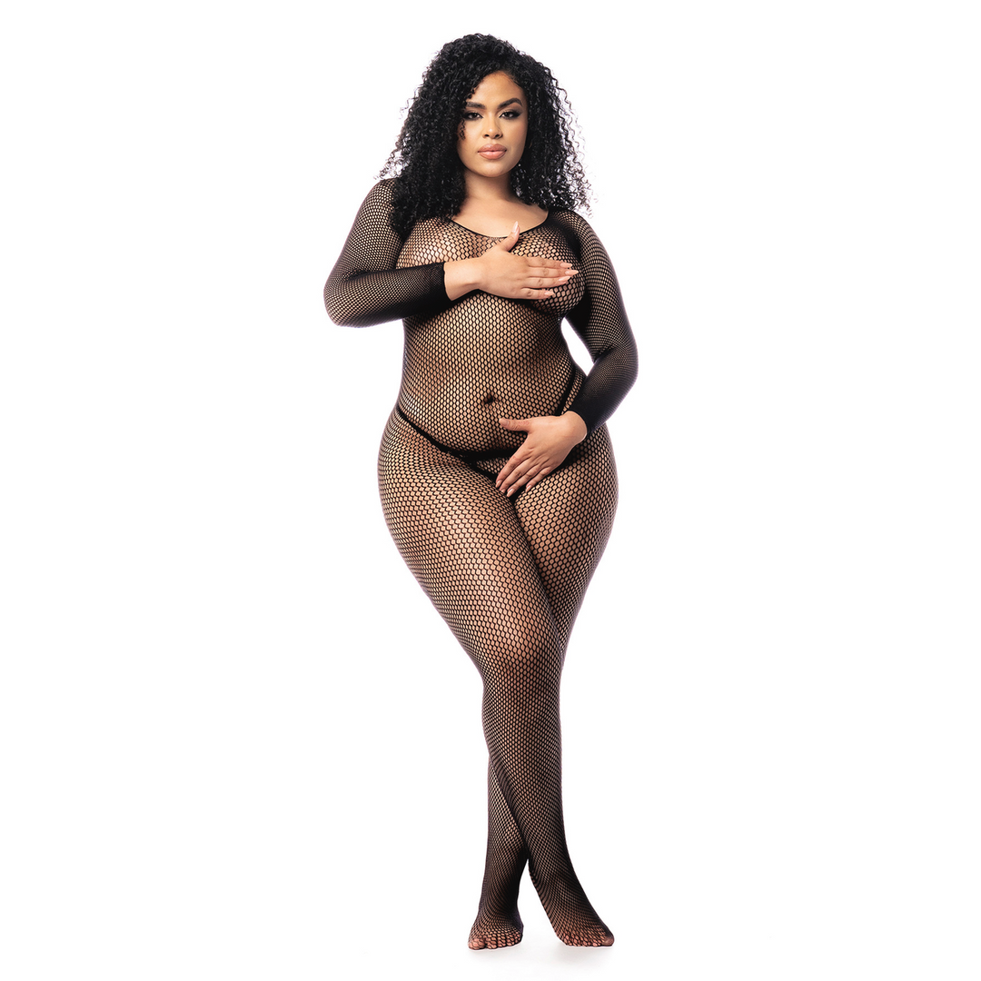 Long Sleeved Fishnet Bodystocking - Queen Size - Black