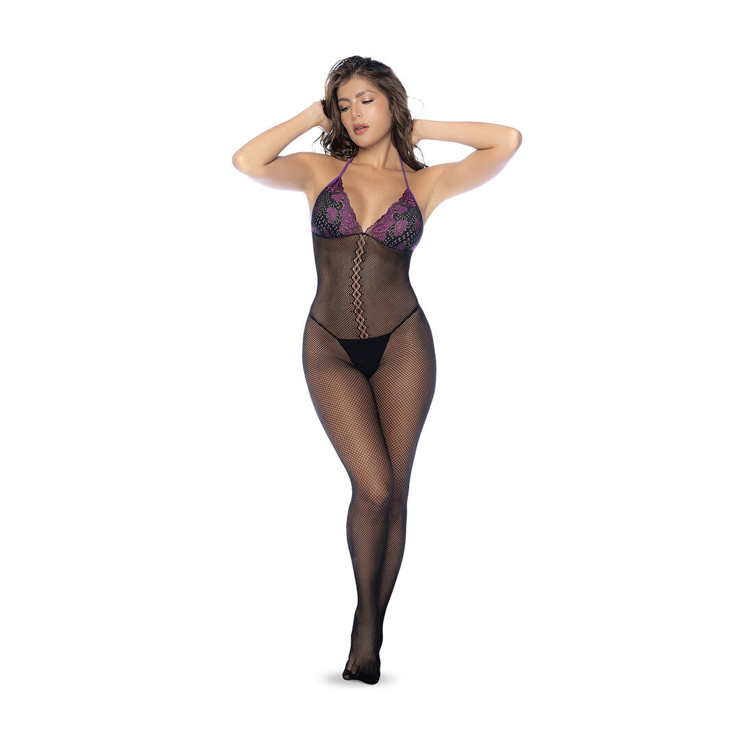 Fishnet and Lace Bodystocking Set - One Size - Black/Purple