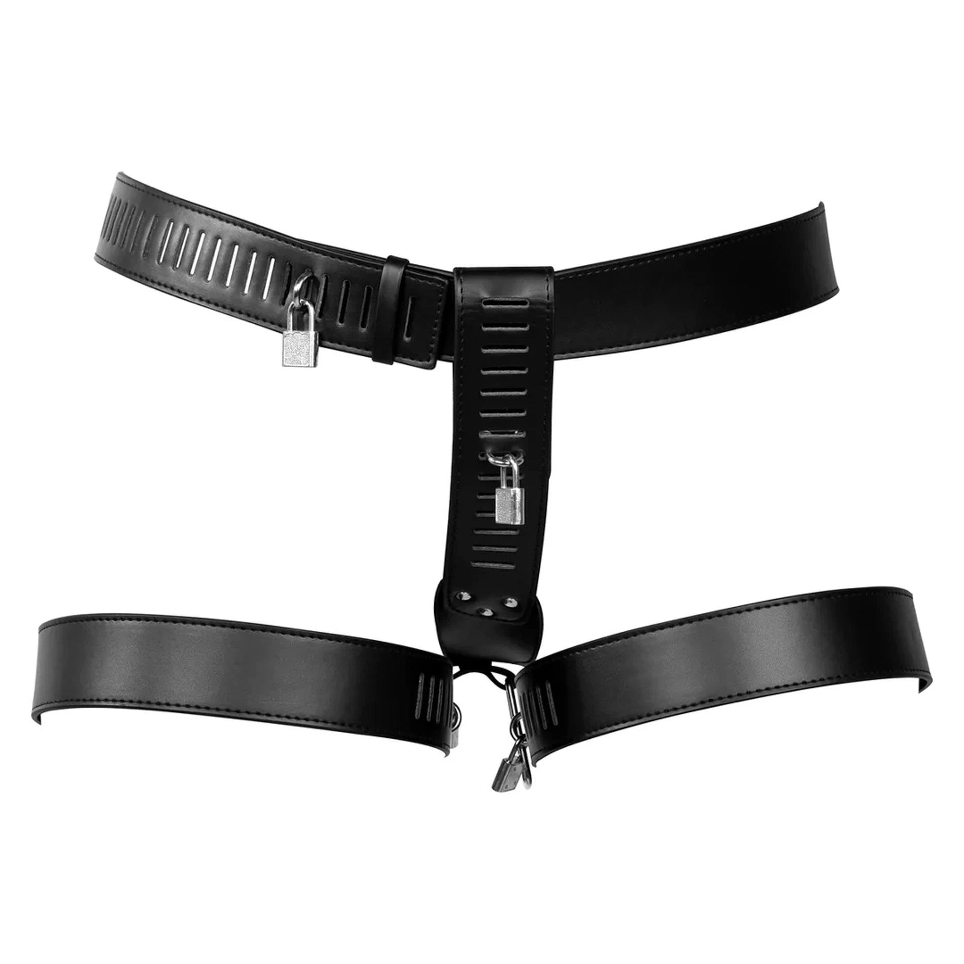 Ceinture de chasteté féminine en cuir synthétique avec contrainte de jambe – Noir