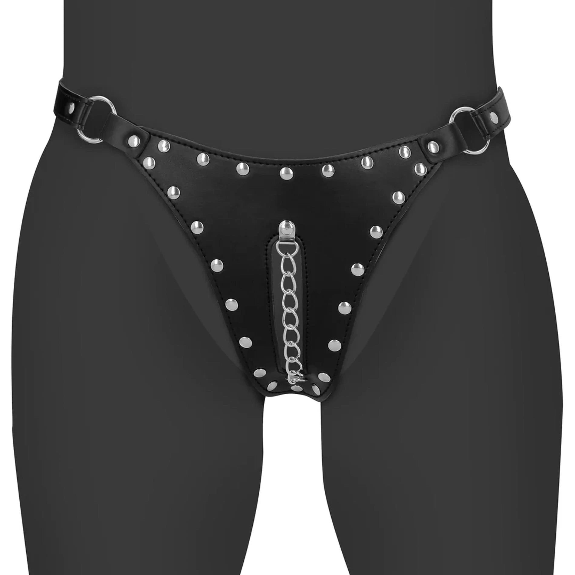 String chasteté en cuir PU avec détails chaîne – Noir