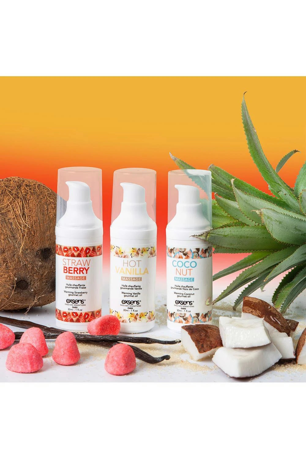 LET'S TRAVEL! Warming gourmet massage  oils (Strawberry, Hot Vanilla, Coconut) 3 x 30ml