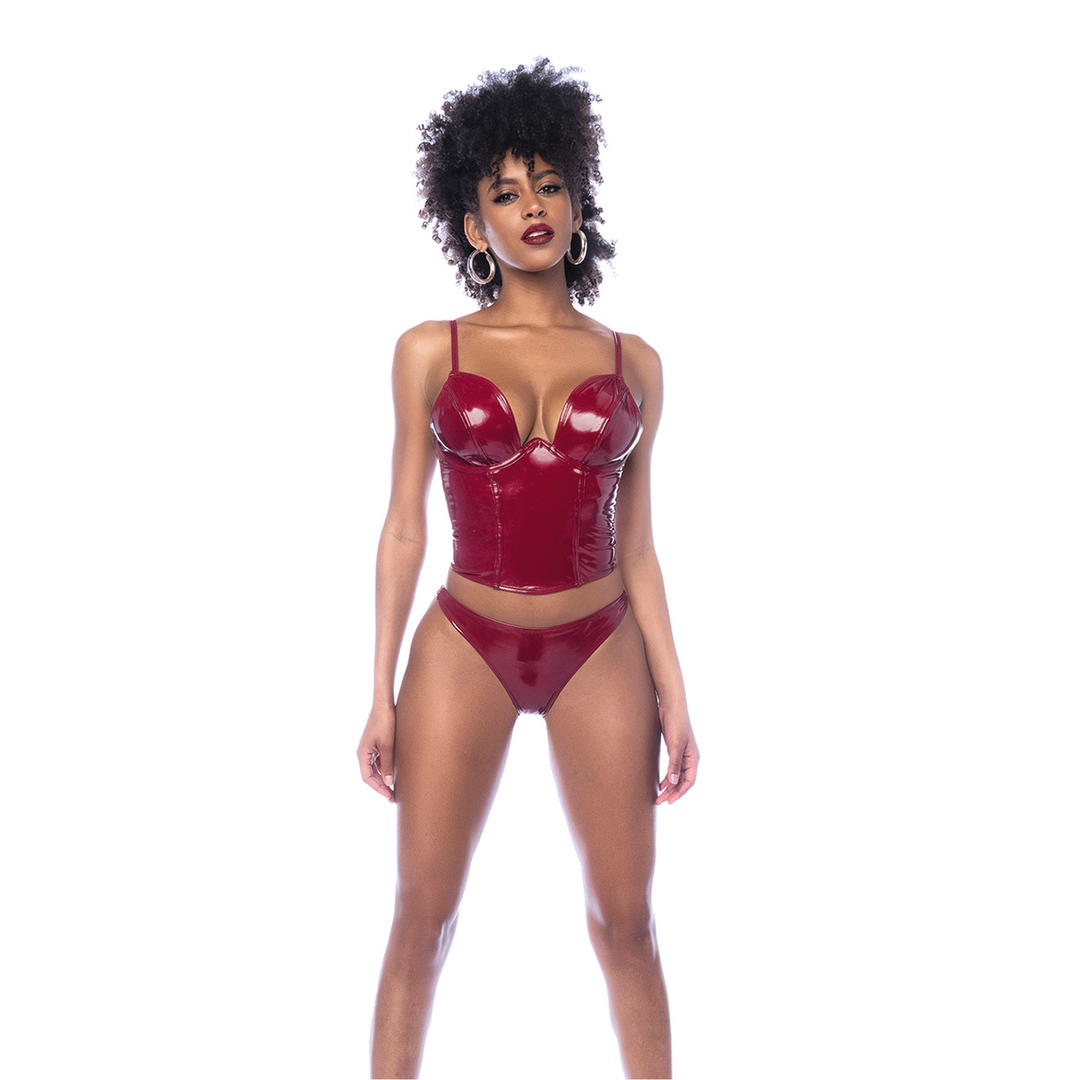 Two Piece Bustier Set - XL - Gloss Wine Red