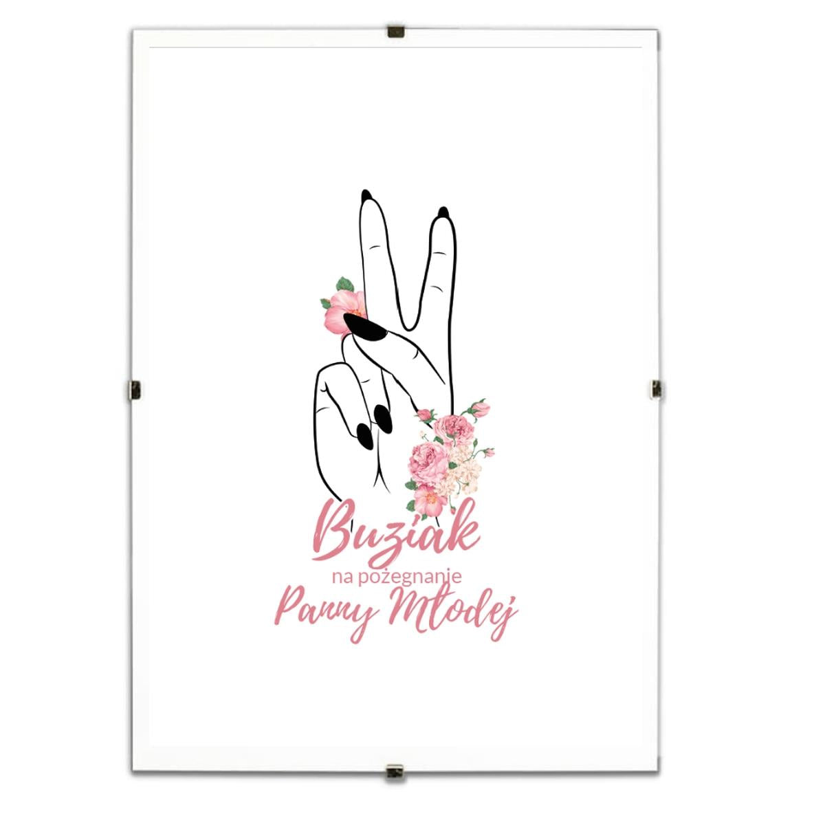 Pamiątkowy czarny plakat "Buziaki na pożegnanie Panny Młodej" w ramce.
