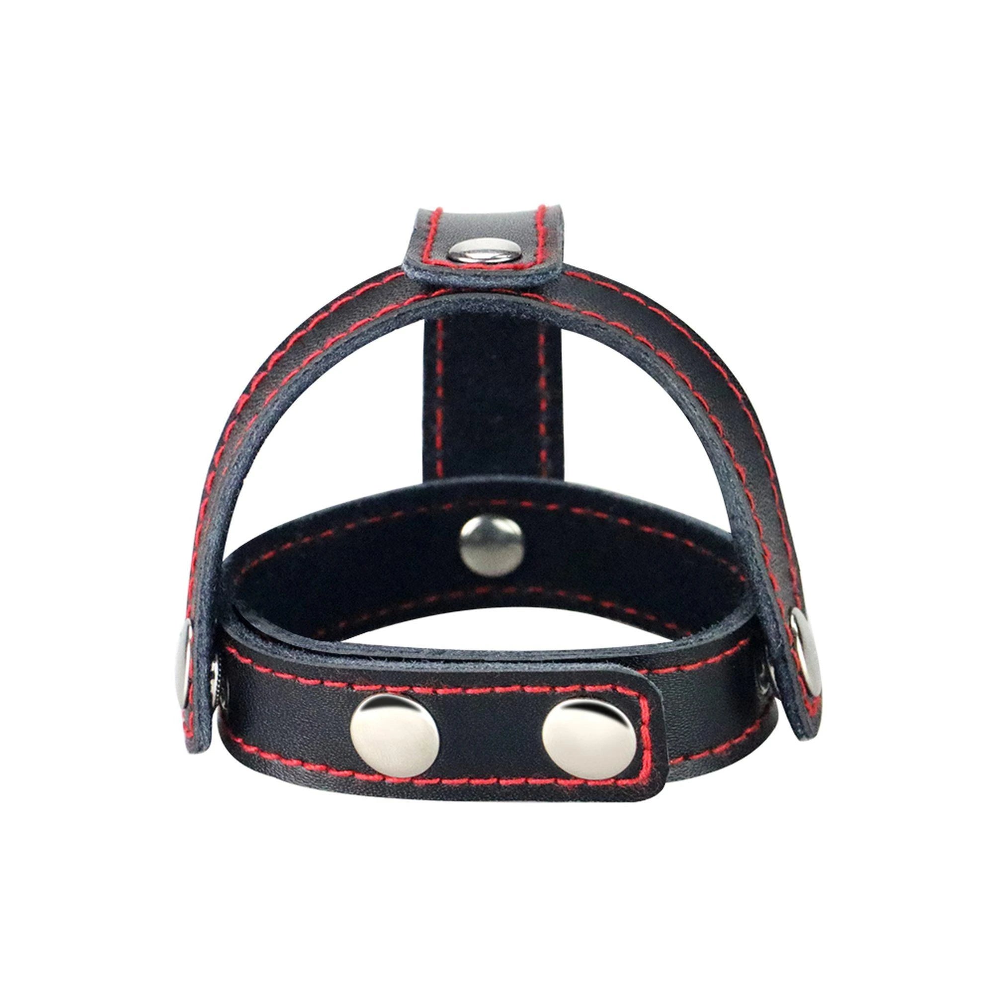 Anneau pénien en cuir avec séparateur de balles, style fétichiste bondage