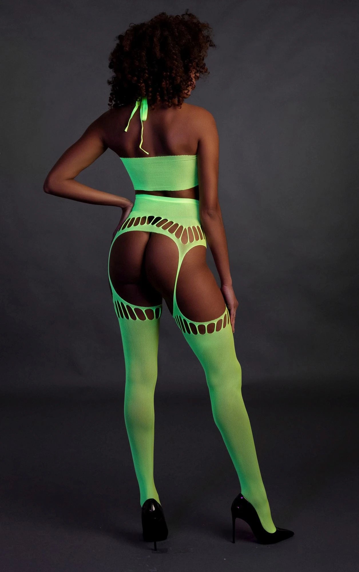 Two Piece with Crop Top and Stockings - One Size - Neon Green