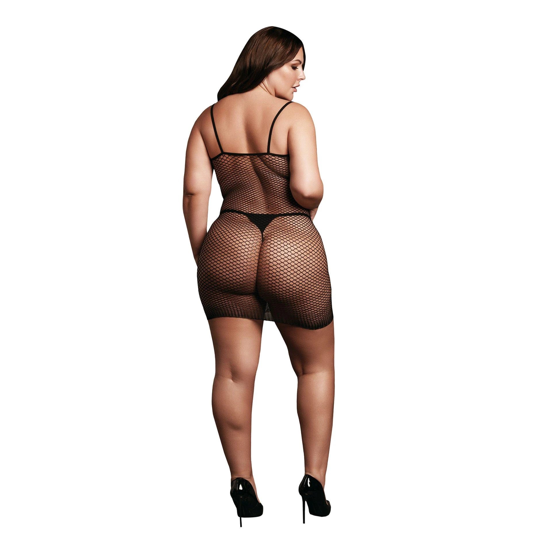 Mini dress with fishnet structure and spaghetti straps