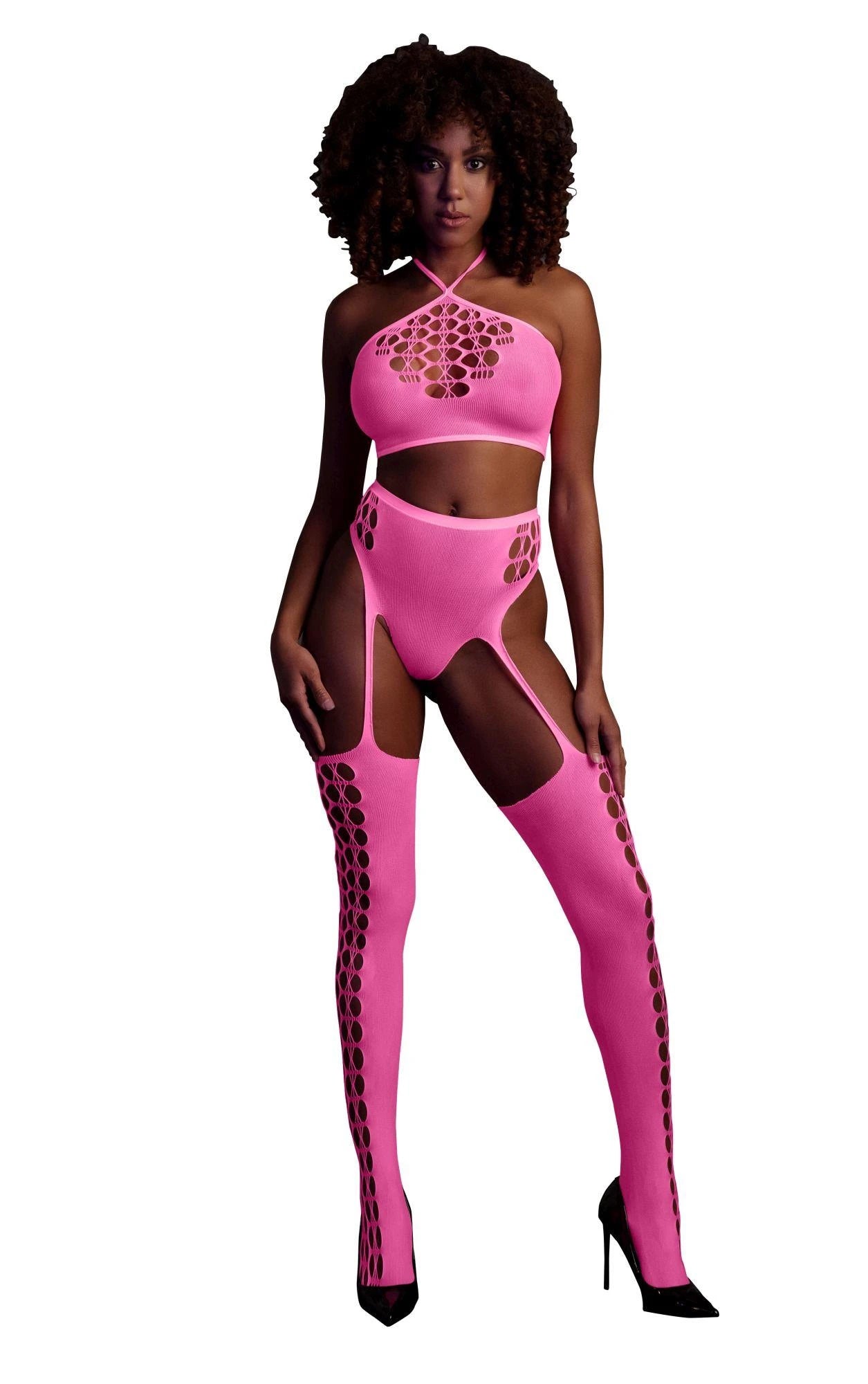 Two-Piece Set with Crop Top and Stockings - Pink - XS/XL