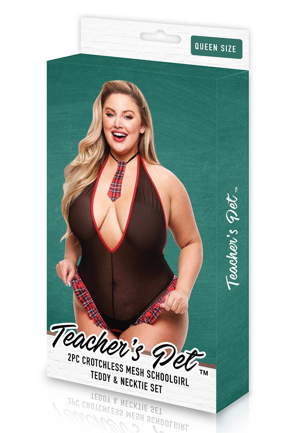 TEACHERS PET 2PC SEE THRU CROTCHLESS SCHOOLGIRL TEDDY SET, QUEEN